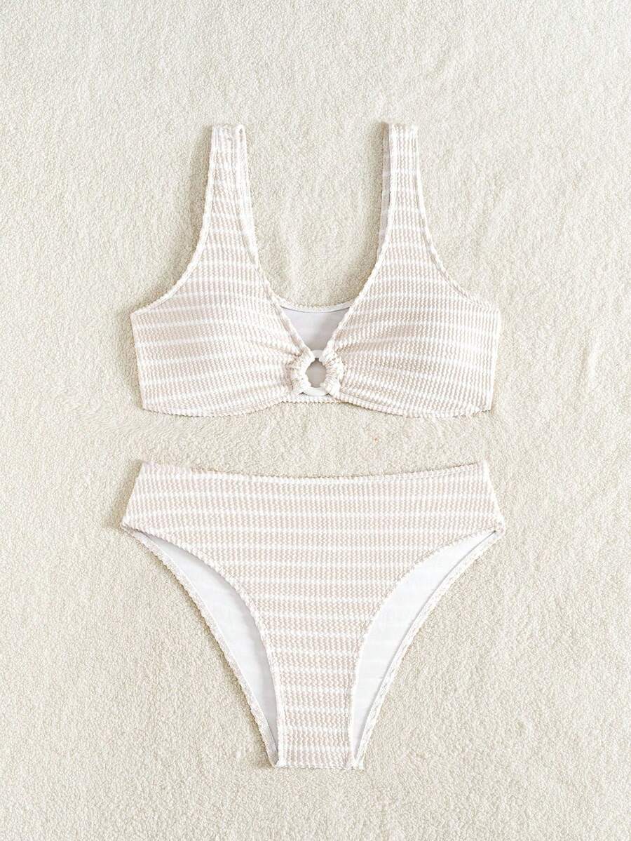 Swim Vcay Women's Summer Beach Striped Fashionable Bikini And Triangle Panty Swimwear Set, Women Vacation Outfit Sets, Beach Outfits For Woman 2 Piece