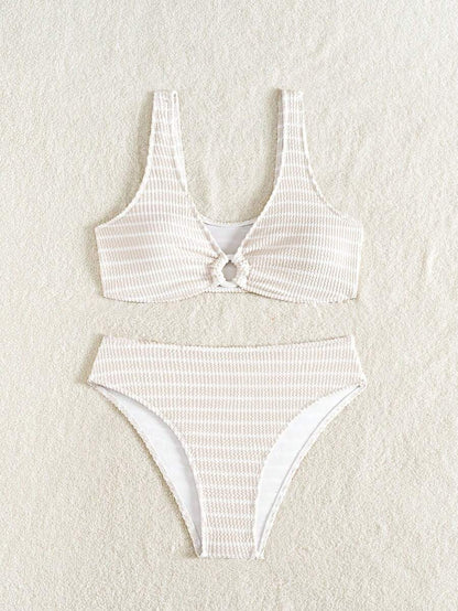 Swim Vcay Women's Summer Beach Striped Fashionable Bikini And Triangle Panty Swimwear Set, Women Vacation Outfit Sets, Beach Outfits For Woman 2 Piece