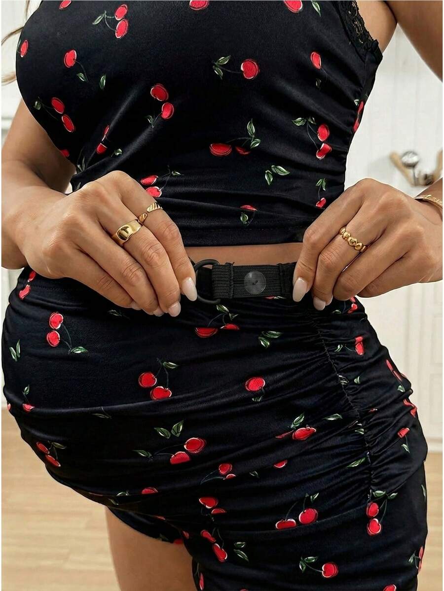 2pcs Maternity Cherry Print Camisole Top And Adjustable Waist Shorts Set World Cup
