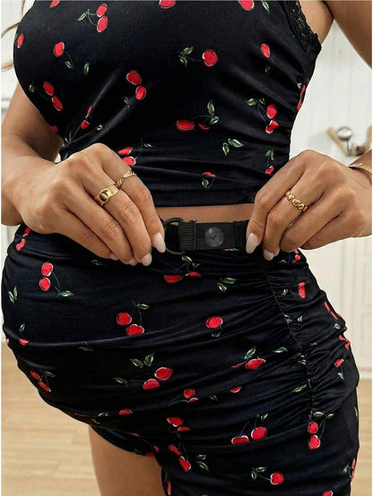 2pcs Maternity Cherry Print Camisole Top And Adjustable Waist Shorts Set World Cup