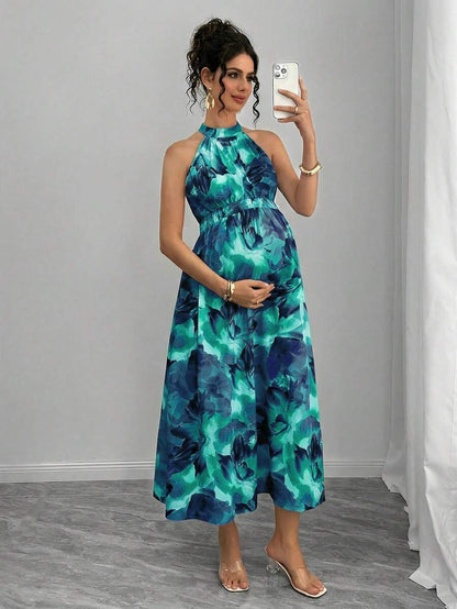 Teal Maternity Halter Waist Tie Dress Holiday Maternity Photoshoot Pregnant Summer Elegant