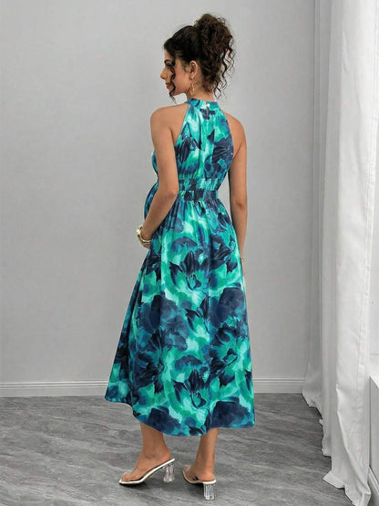 Teal Maternity Halter Waist Tie Dress Holiday Maternity Photoshoot Pregnant Summer Elegant