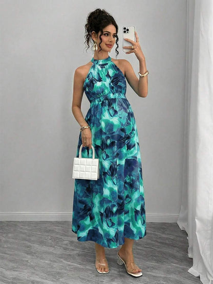 Teal Maternity Halter Waist Tie Dress Holiday Maternity Photoshoot Pregnant Summer Elegant