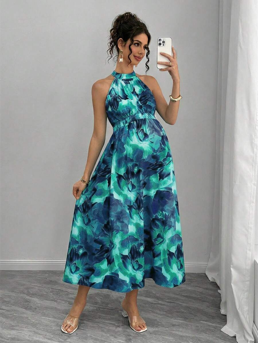 Teal Maternity Halter Waist Tie Dress Holiday Maternity Photoshoot Pregnant Summer Elegant