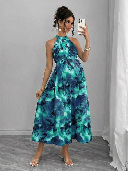 Teal Maternity Halter Waist Tie Dress Holiday Maternity Photoshoot Pregnant Summer Elegant