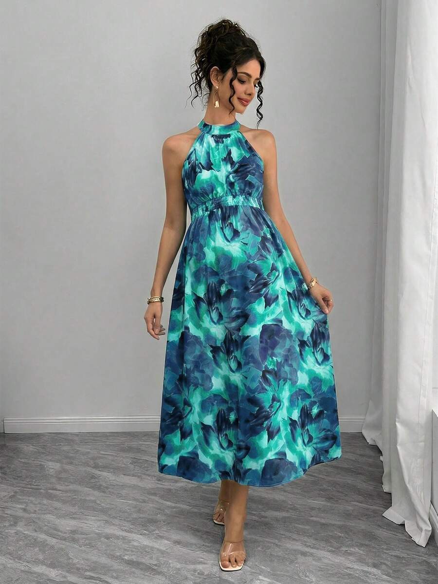 Teal Maternity Halter Waist Tie Dress Holiday Maternity Photoshoot Pregnant Summer Elegant