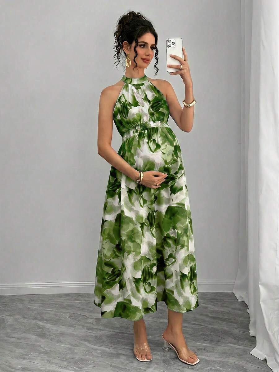Teal Maternity Halter Waist Tie Dress Holiday Maternity Photoshoot Pregnant Summer Elegant