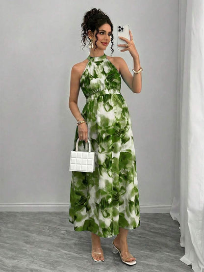 Teal Maternity Halter Waist Tie Dress Holiday Maternity Photoshoot Pregnant Summer Elegant