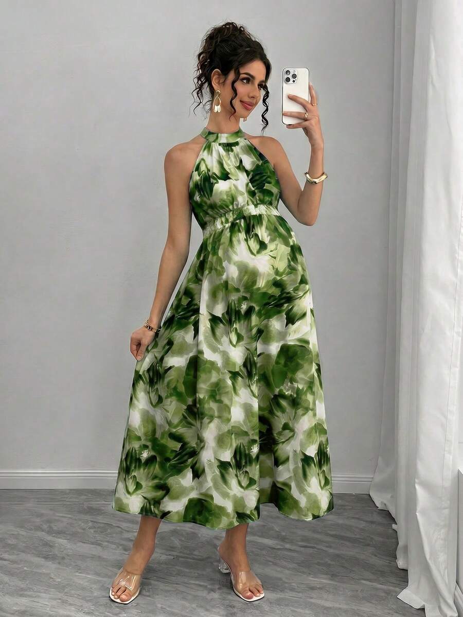 Teal Maternity Halter Waist Tie Dress Holiday Maternity Photoshoot Pregnant Summer Elegant