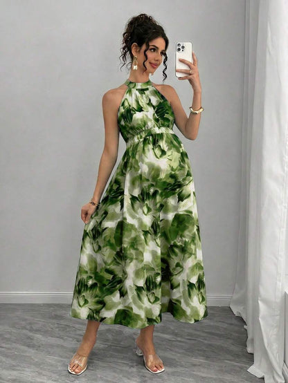 Teal Maternity Halter Waist Tie Dress Holiday Maternity Photoshoot Pregnant Summer Elegant
