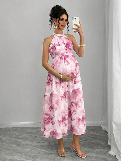 Teal Maternity Halter Waist Tie Dress Holiday Maternity Photoshoot Pregnant Summer Elegant