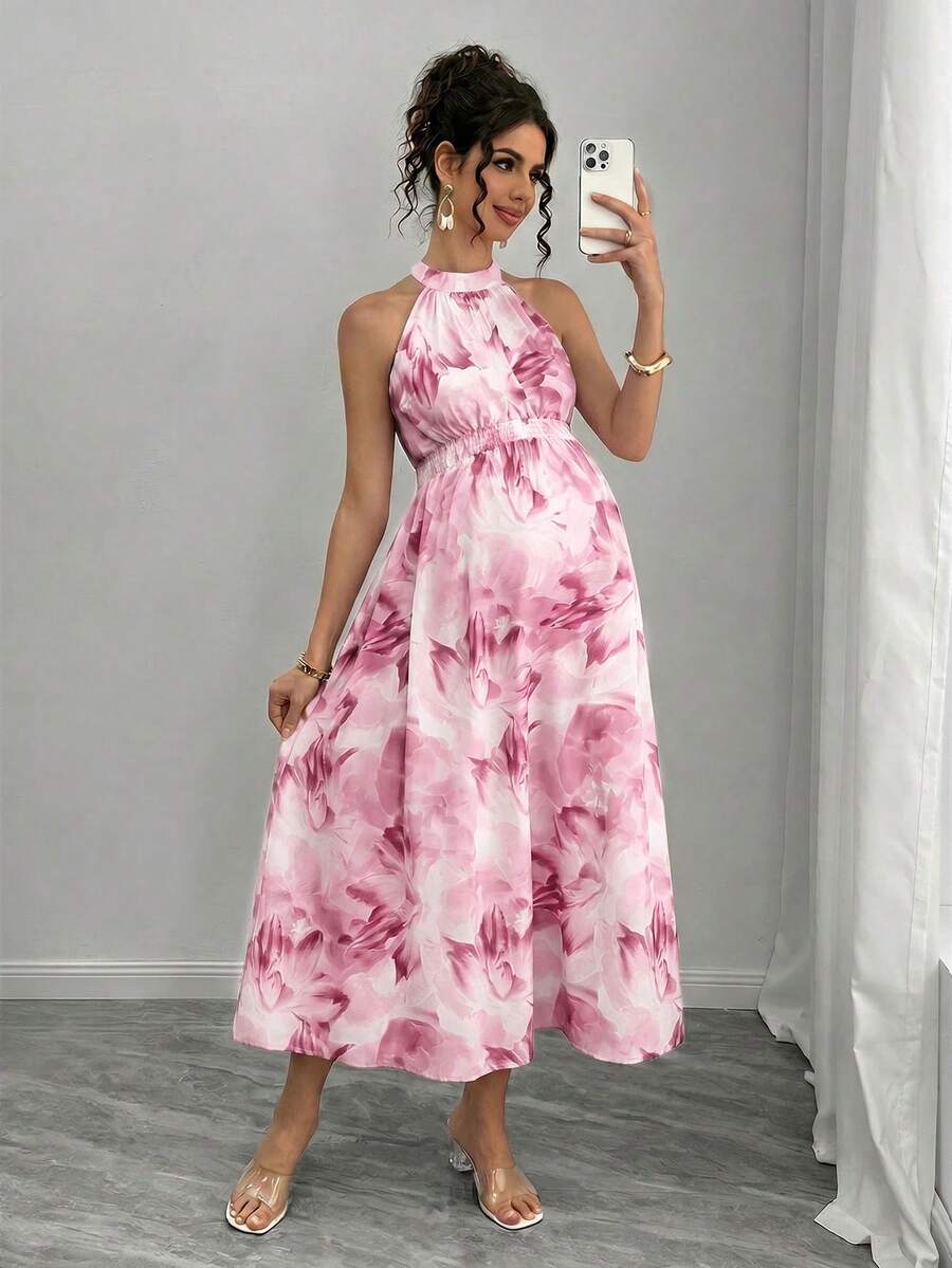 Teal Maternity Halter Waist Tie Dress Holiday Maternity Photoshoot Pregnant Summer Elegant