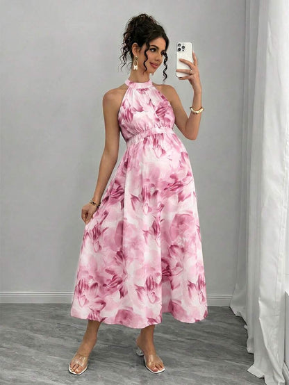 Teal Maternity Halter Waist Tie Dress Holiday Maternity Photoshoot Pregnant Summer Elegant