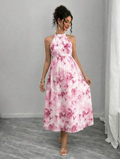 Teal Maternity Halter Waist Tie Dress Holiday Maternity Photoshoot Pregnant Summer Elegant