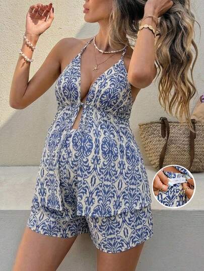 Maternity Vacation Full Print Halter Neck Top And Adjustable Waist Shorts Casual 2 Pieces Set