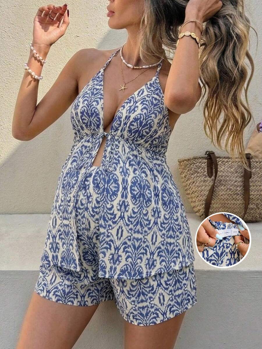Maternity Vacation Full Print Halter Neck Top And Adjustable Waist Shorts Casual 2 Pieces Set