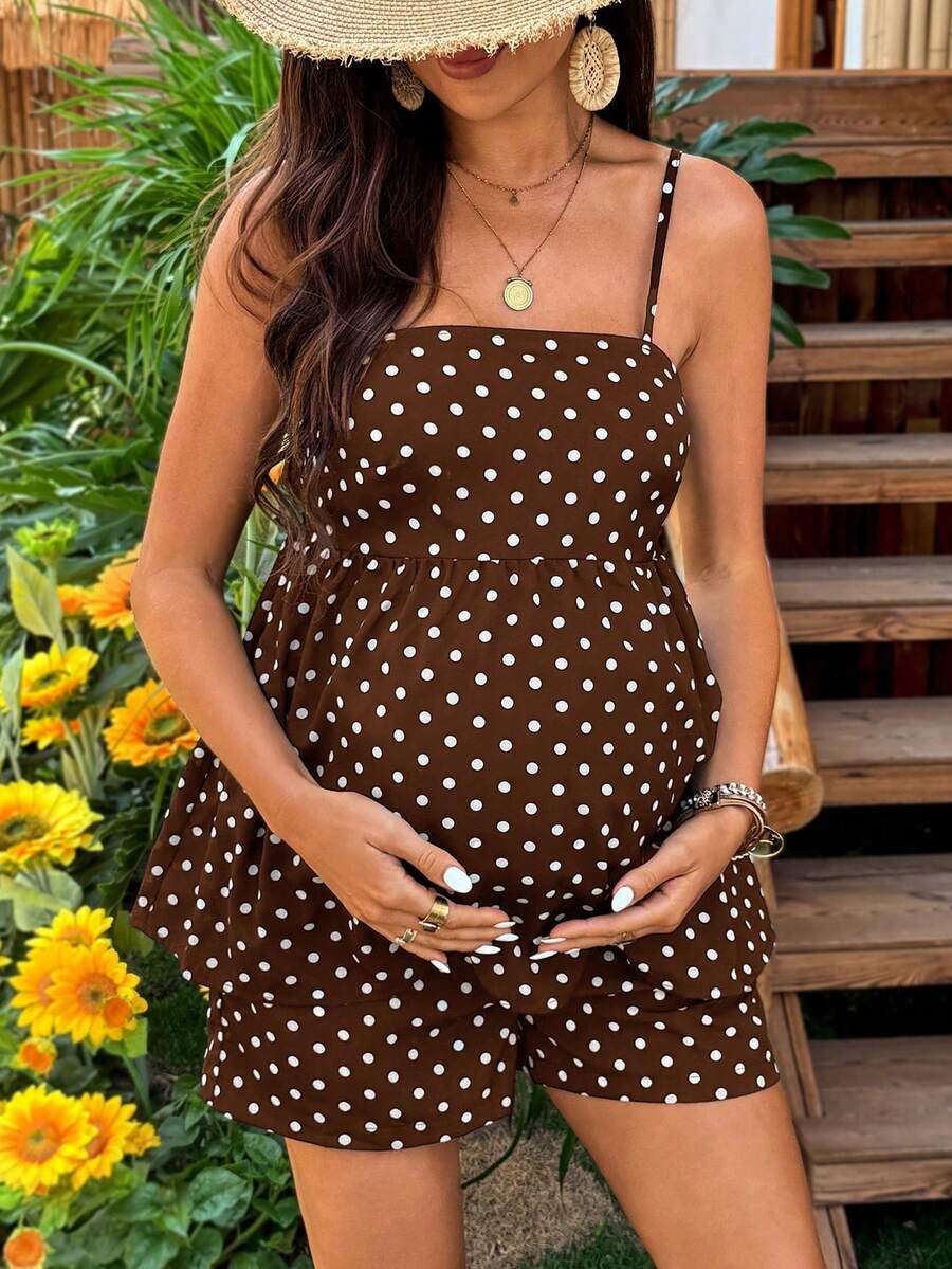 Maternity Polka Dot Print Camisole And Adjustable Waist Shorts Casual 2 Pieces Set